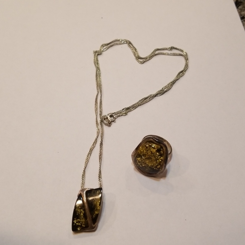 Green Amber Baltic Ring and Pendant